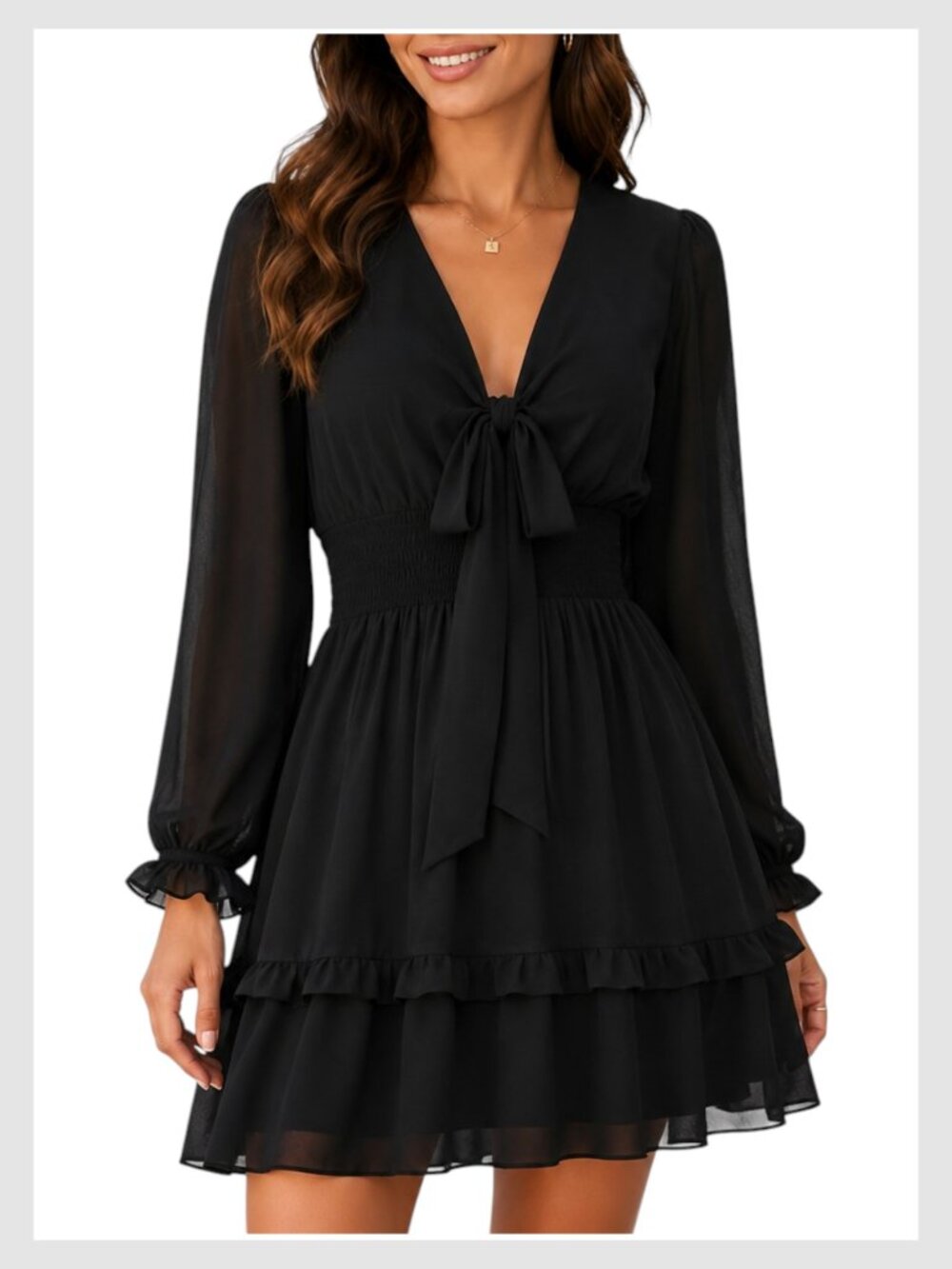 Black Long Sleeve Tie-Front Mini Dress S